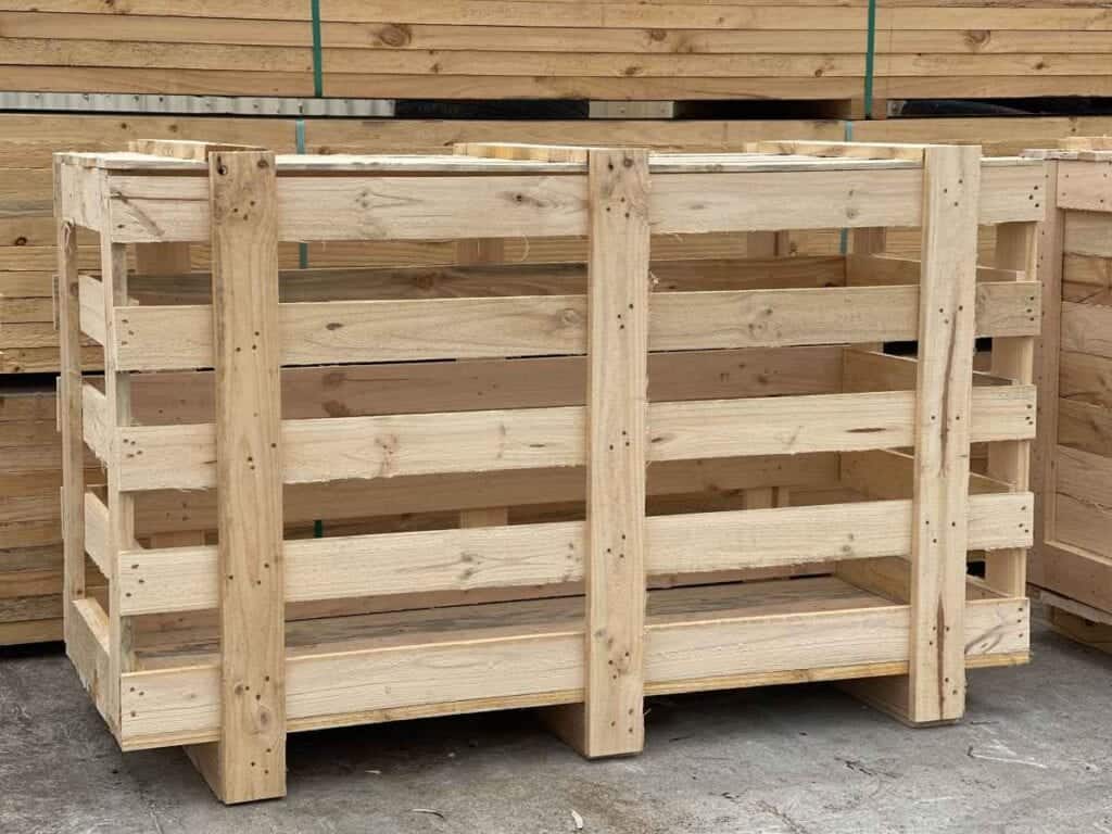 a large wooden crate with ISPM certified timber in background