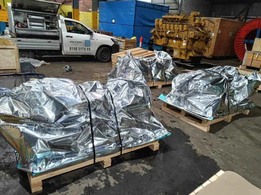 VCI foil wrapped cargo on timber base and Crate n Pack Solutions onsite packing vehicle in the background