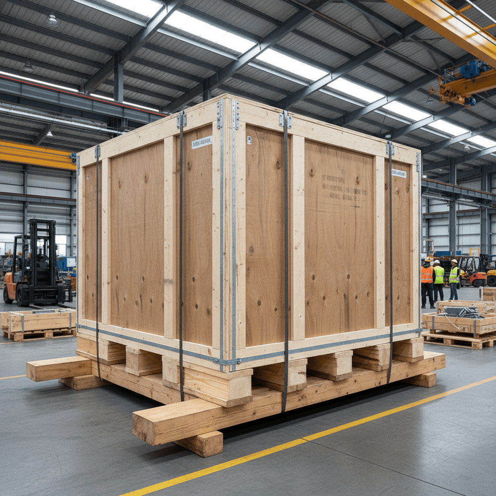 A large, heavy-duty engineered wooden industrial shipping crate designed for machinery, robust timber construction with reinforced base and bracing, professional industrial setting.
